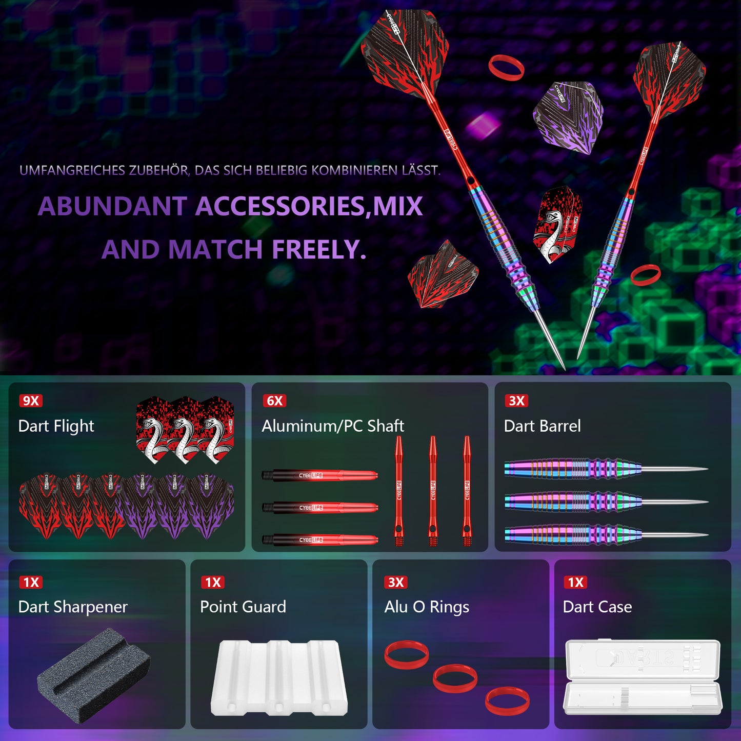 ZF09 26g Rainbow Brass Steel Tip Darts Set of 3 with Case, Sharpener, 3 Aluminum + 3 PC Shafts, 6 Standard + 3 Speed PTE Flights