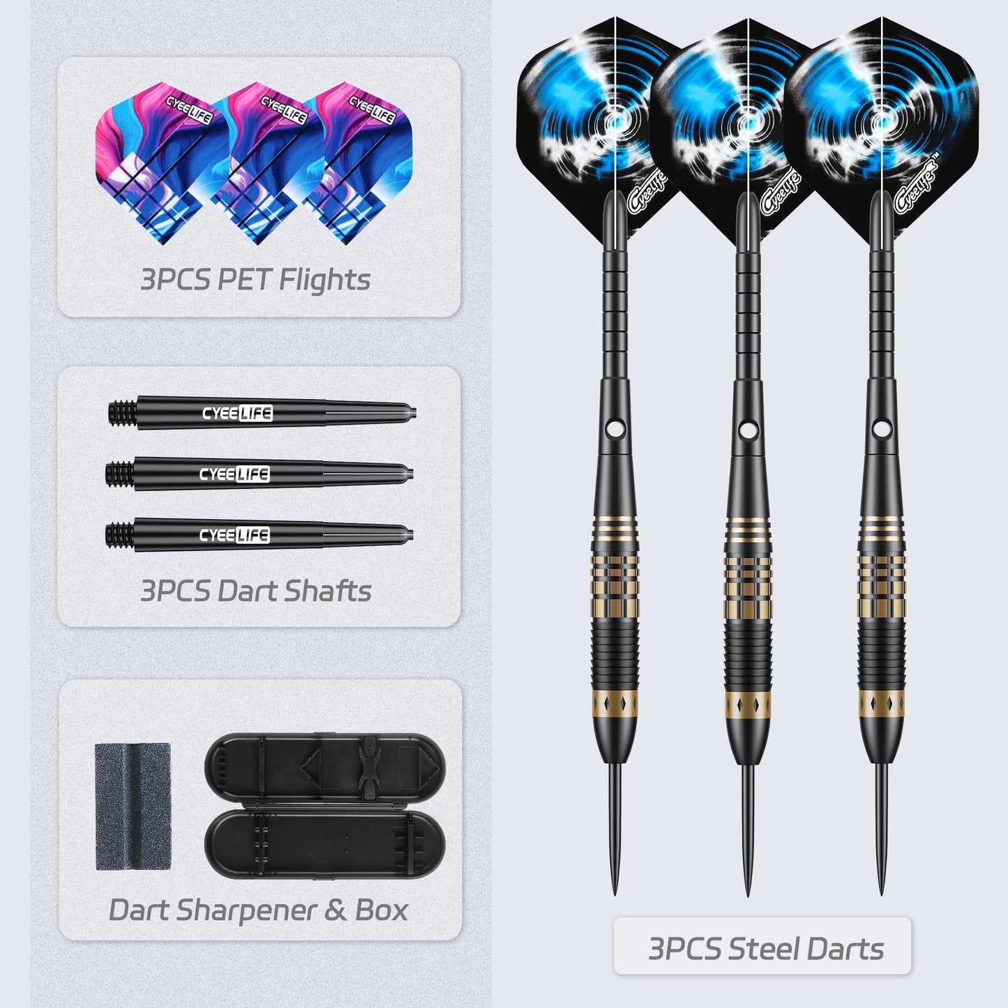 ZF10B 25g Black Brass Steel Tip Darts Set of 3, 3 Aluminum + 3 PC Shafts, 6 PTE Flights, Case & Sharpener, 166mm