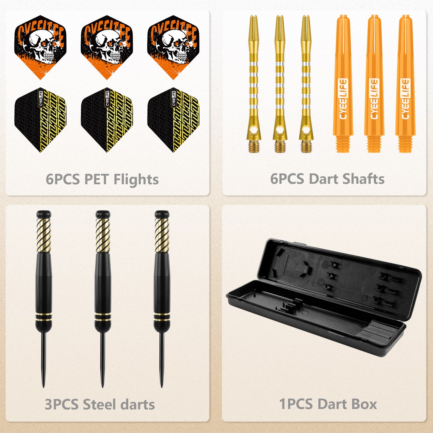 ZF10C 22g Brass Steel Tip Darts Set of 3, 3 Aluminum + 3 PC Shafts, 6 PTE Flights, Case, 169mm