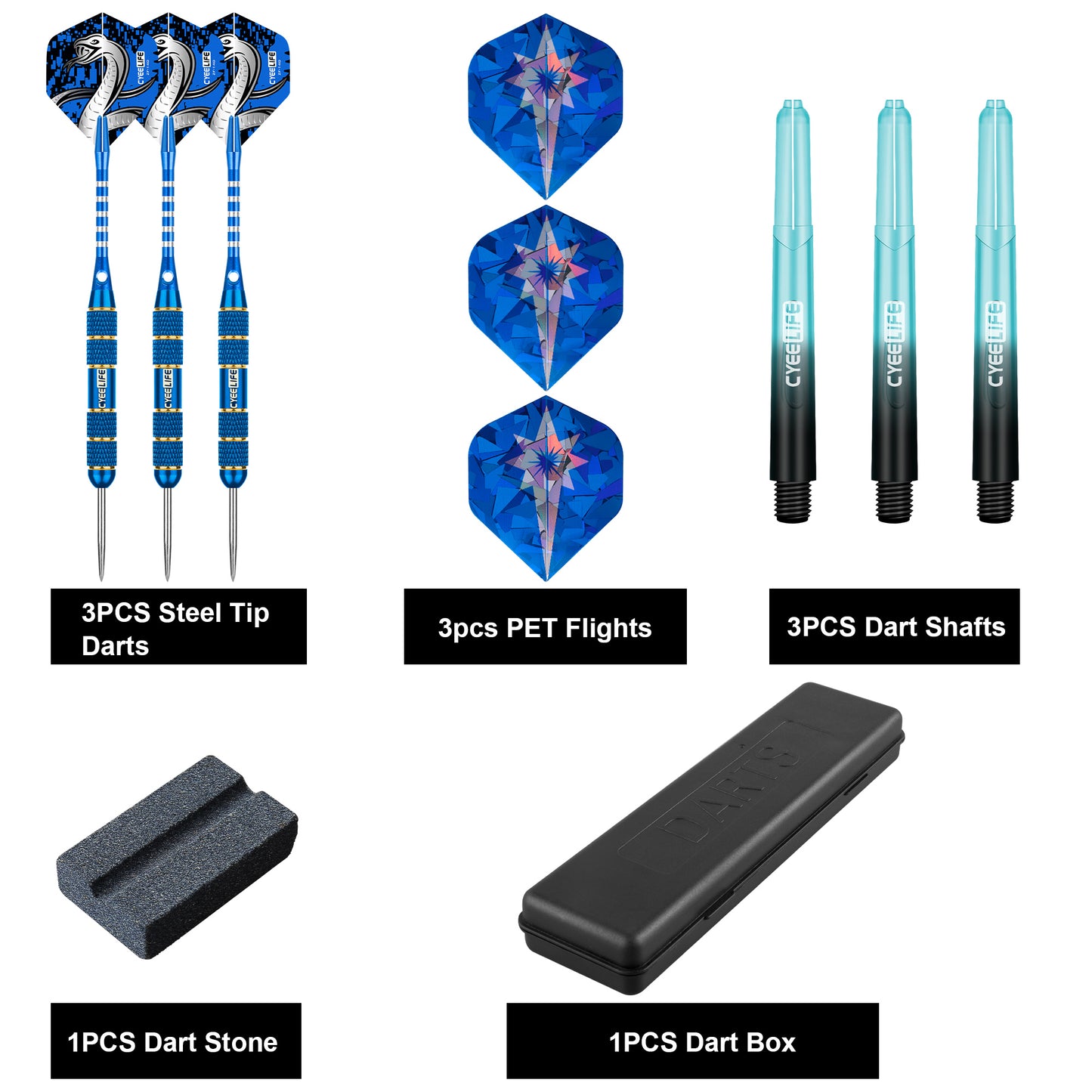 ZF02 24g Brass Steel Tip Darts Set of 3 with Case, 3 Aluminum + 3 PC Shafts, 6 PET Flights, 4 Colors