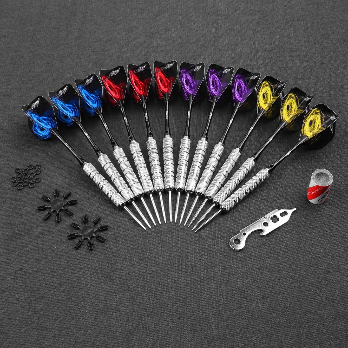 12 Pack Steel Tip Darts, Professional Metal Dart Set with 12 Premium Aluminum Shafts and 4 Style PET Flights and Sharpener,24Grams