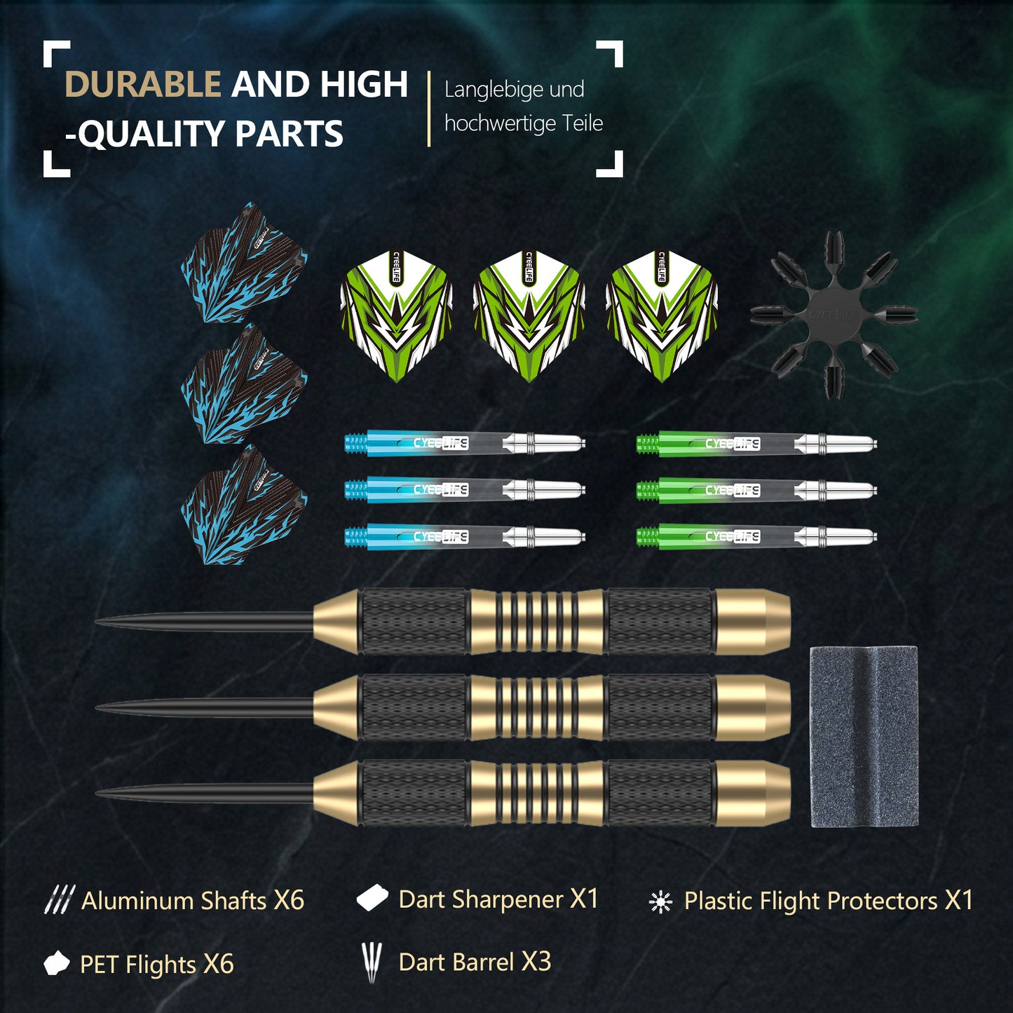 ZF05E 23g Brass Steel Tip Darts Set of 3 with Case, 6 PC Shafts, 6 PET Flights, Sharpener & 8 Protectors