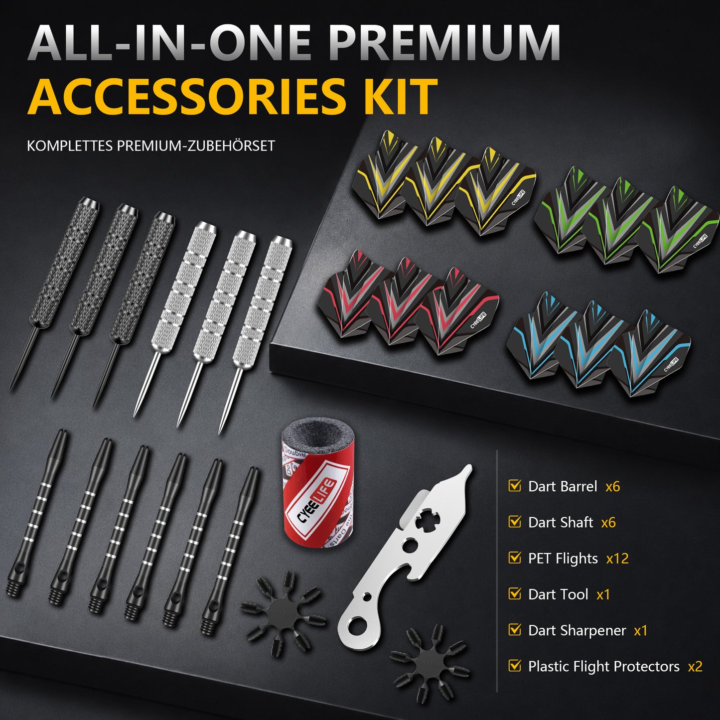 ZB01 -20G Steel Tip Dart Set, Metal Tip Darts with Aluminum Shafts,12 Extra Flights,Dart Tool, Dart Sharpener,Flights Protector,Dart Set