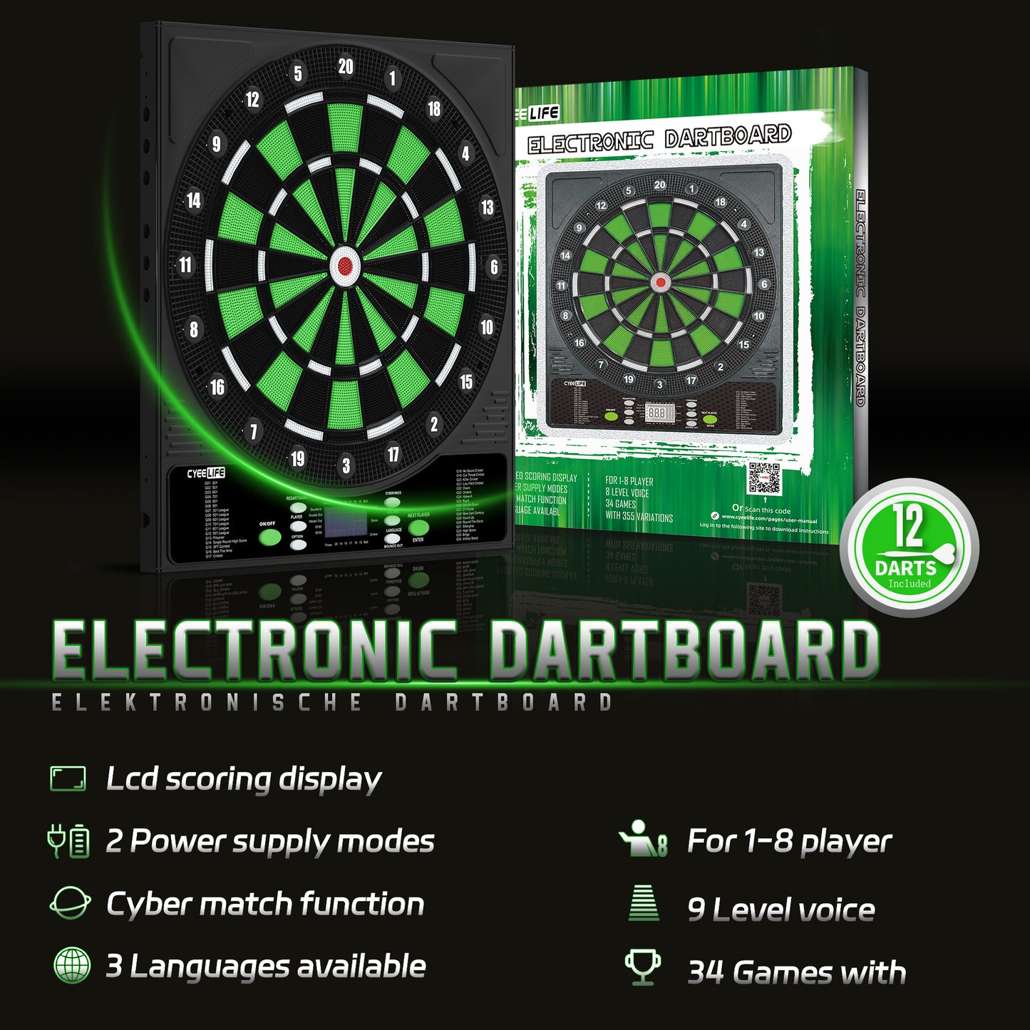ZD01G Green Electronic dart board with Plastic darts