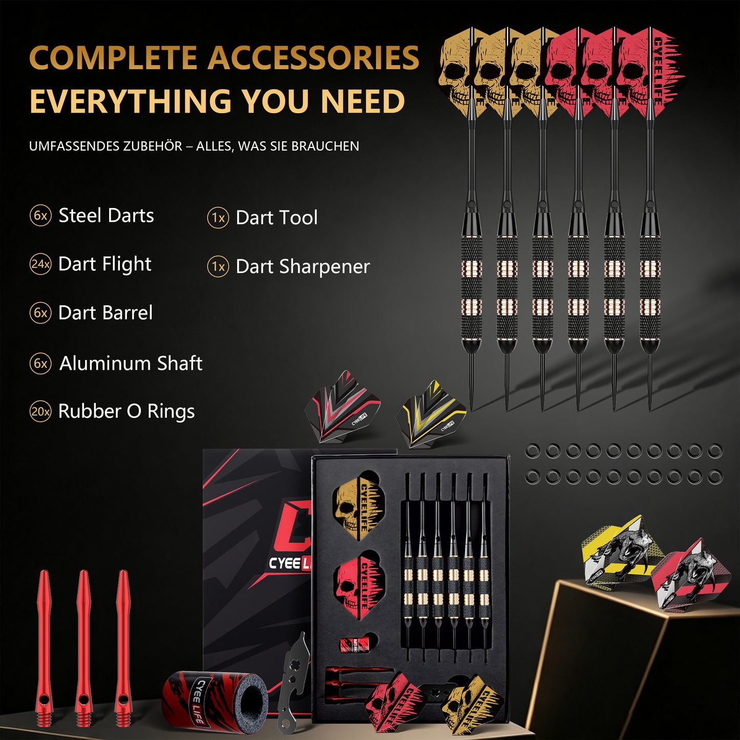 ZF04 Black Brass Steel Tip Darts Set of 6, 9 Aluminum Shafts, 24 PTE Flights, Case, Sharpener & Tool, 167mm