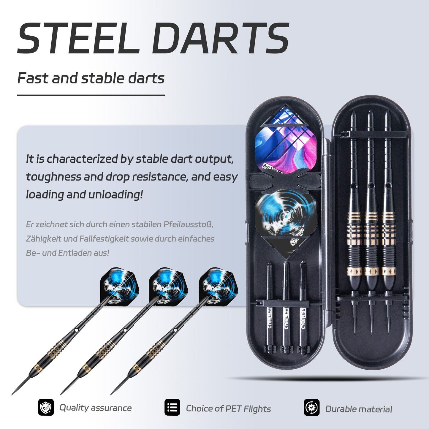 ZF10B 25g Black Brass Steel Tip Darts Set of 3, 3 Aluminum + 3 PC Shafts, 6 PTE Flights, Case & Sharpener, 166mm