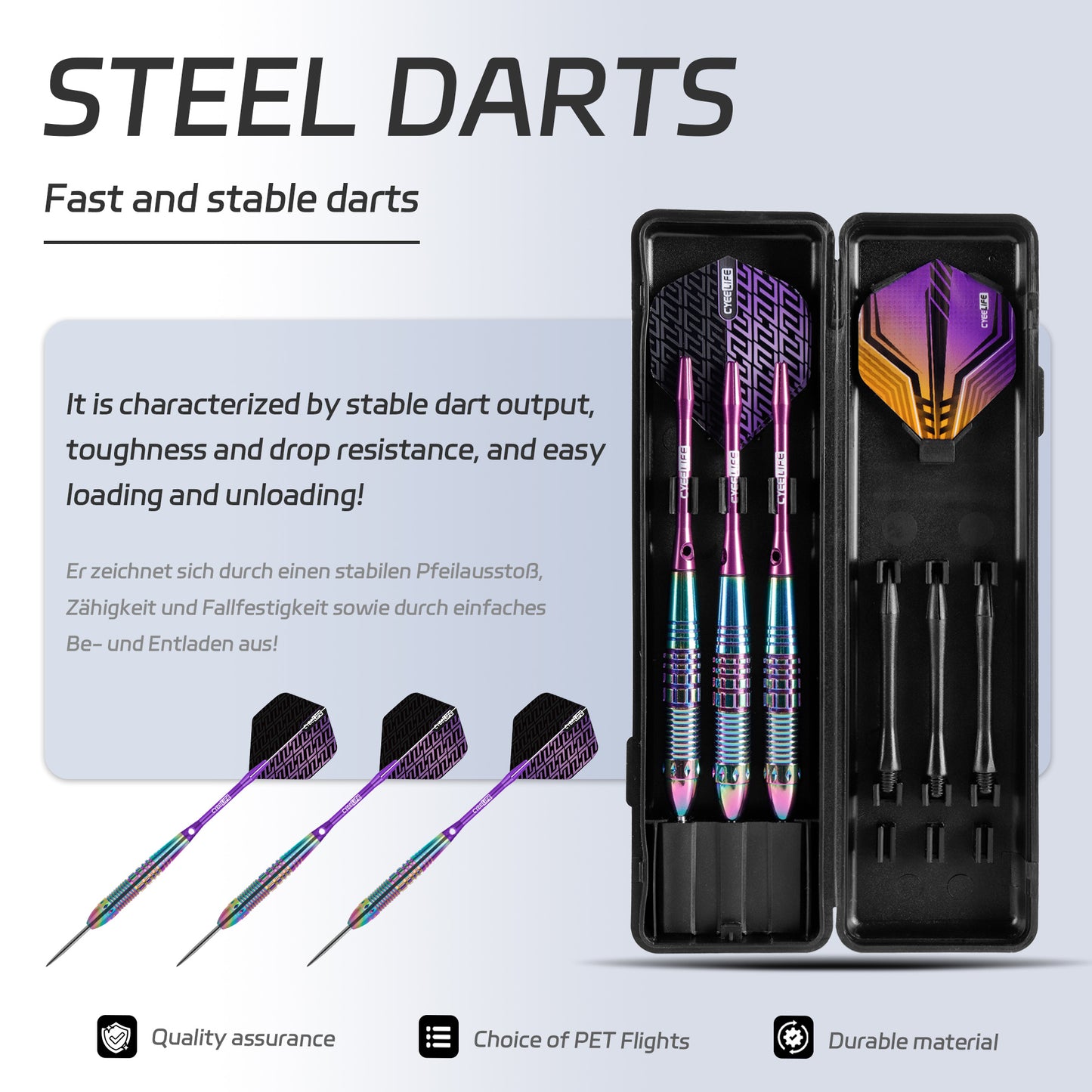 ZF10B 25g Brass Steel Tip Darts Set of 3, 3 Aluminum + 3 PC Shafts, 6 PTE Flights, Case, 166mm