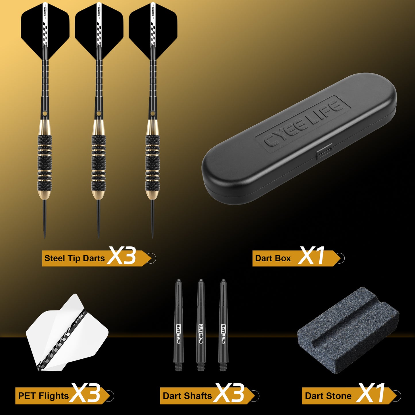 ZF05F 24g Brass Steel Tip Darts Set of 3 with Sharpener, 3 Aluminum + 3 PC Shafts, 6 PTE Flights