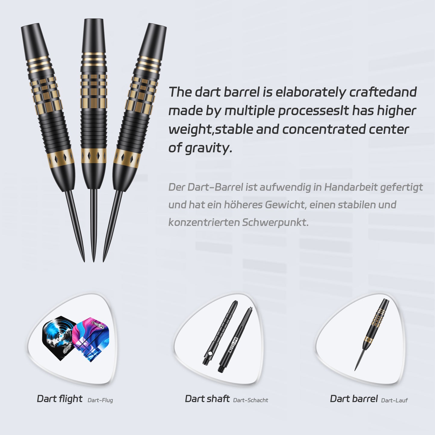 ZF10B 25g Black Brass Steel Tip Darts Set of 3, 3 Aluminum + 3 PC Shafts, 6 PTE Flights, Case & Sharpener, 166mm