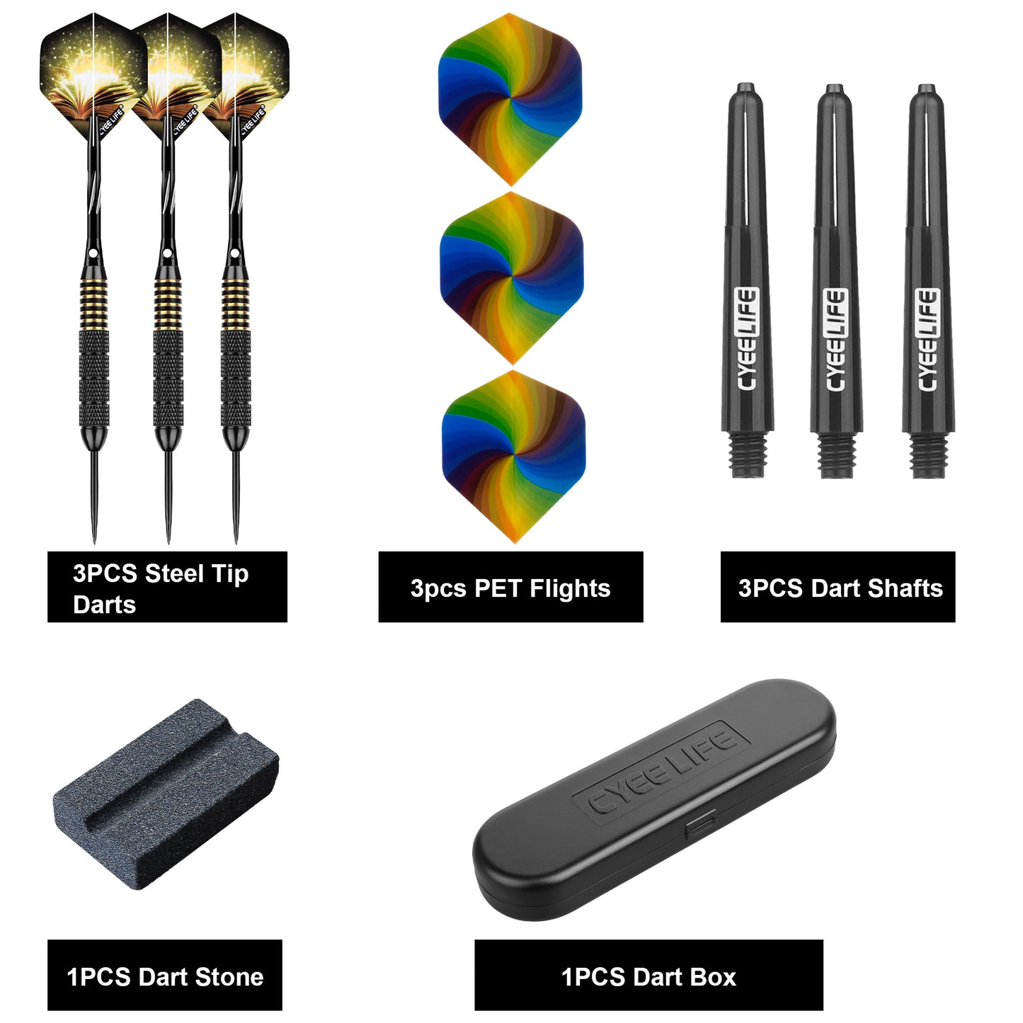 ZF07 26g Brass Steel Tip Darts Set of 3 with Sharpener, 3 Aluminum + 3 PC Shafts, 6 PTE Flights