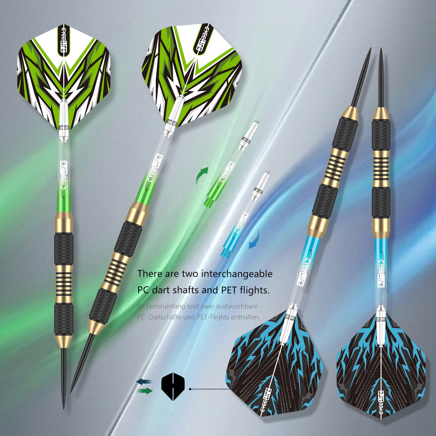 ZF05E 23g Brass Steel Tip Darts Set of 3 with Case, 6 PC Shafts, 6 PET Flights, Sharpener & 8 Protectors