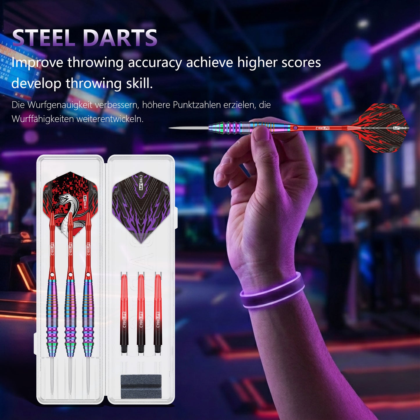 ZF09 26g Rainbow Brass Steel Tip Darts Set of 3 with Case, Sharpener, 3 Aluminum + 3 PC Shafts, 6 Standard + 3 Speed PTE Flights