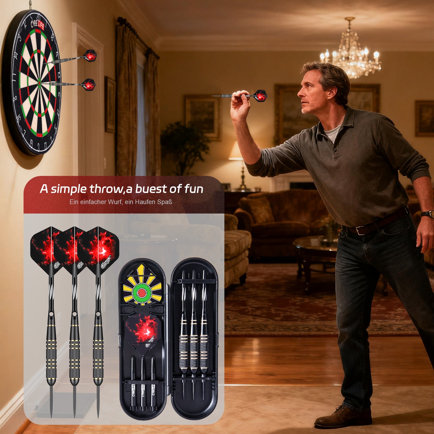 ZF10A 28g Brass Steel Tip Darts Set of 3, 3 Aluminum + 3 PC Shafts, 6 PTE Flights, Case & Sharpener, 163mm