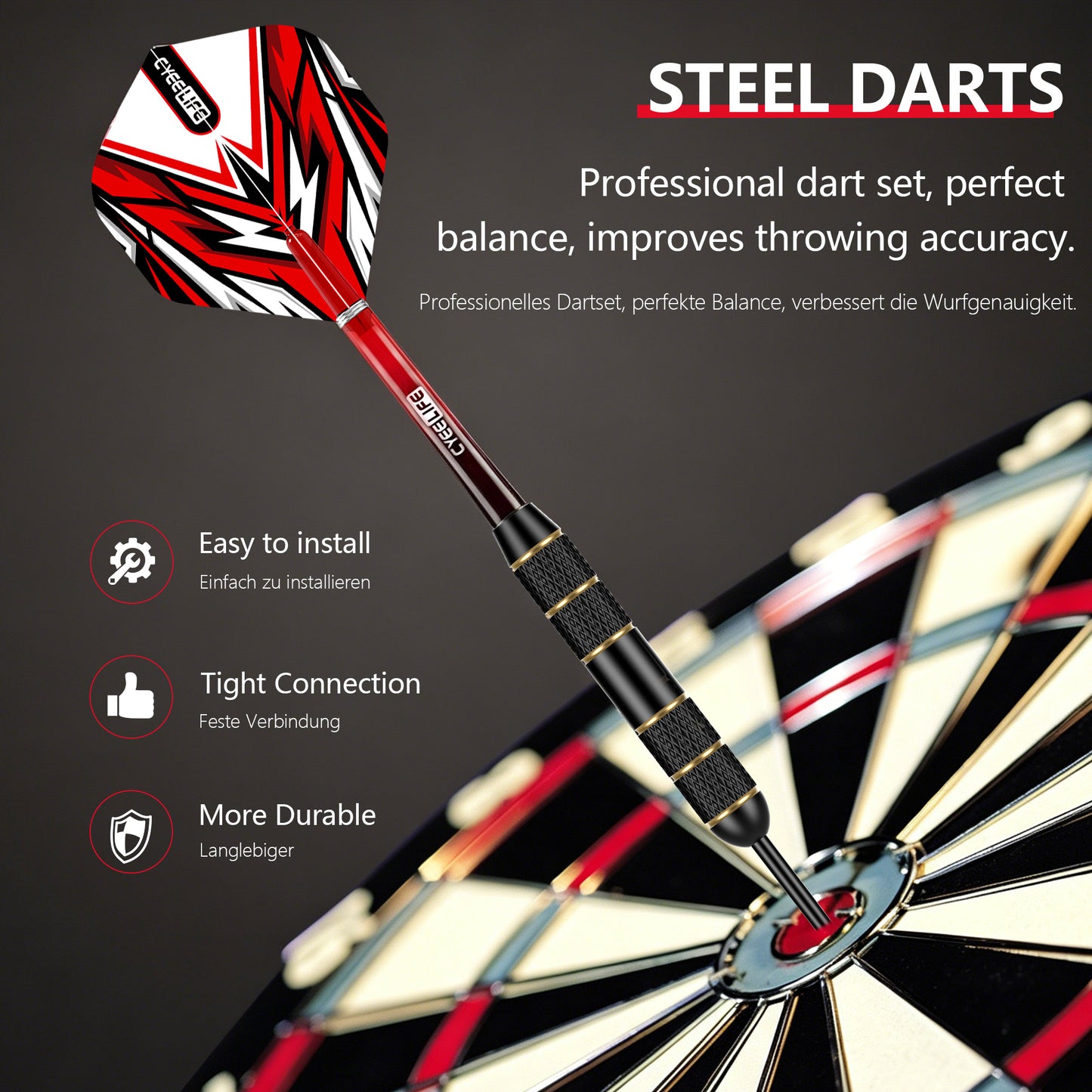 ZF02 28g Brass Steel Tip Darts Set of 3 with Sharpening Stone, 6 PC Shafts, 6 PET Flights