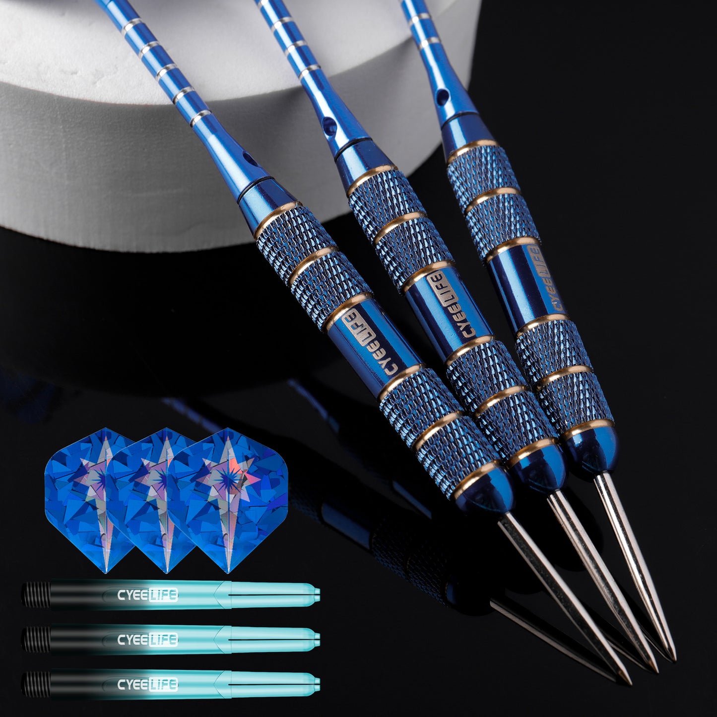 ZF02 24g Brass Steel Tip Darts Set of 3 with Case, 3 Aluminum + 3 PC Shafts, 6 PET Flights, 4 Colors