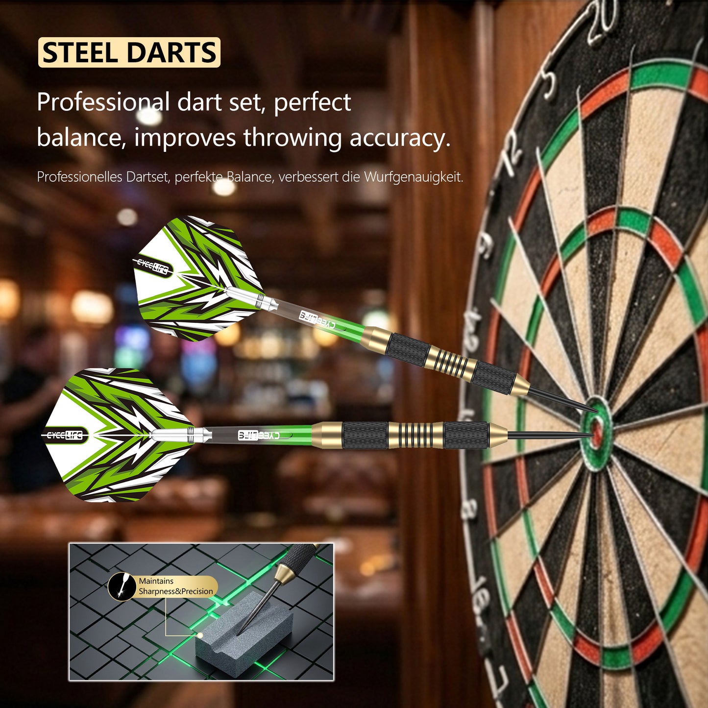 ZF05E 23g Brass Steel Tip Darts Set of 3 with Case, 6 PC Shafts, 6 PET Flights, Sharpener & 8 Protectors