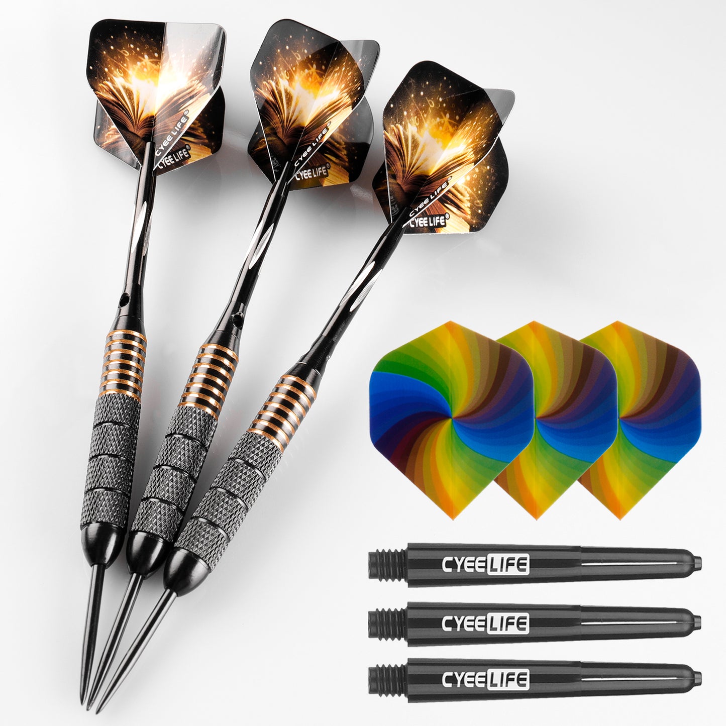 ZF07 26g Brass Steel Tip Darts Set of 3 with Sharpener, 3 Aluminum + 3 PC Shafts, 6 PTE Flights