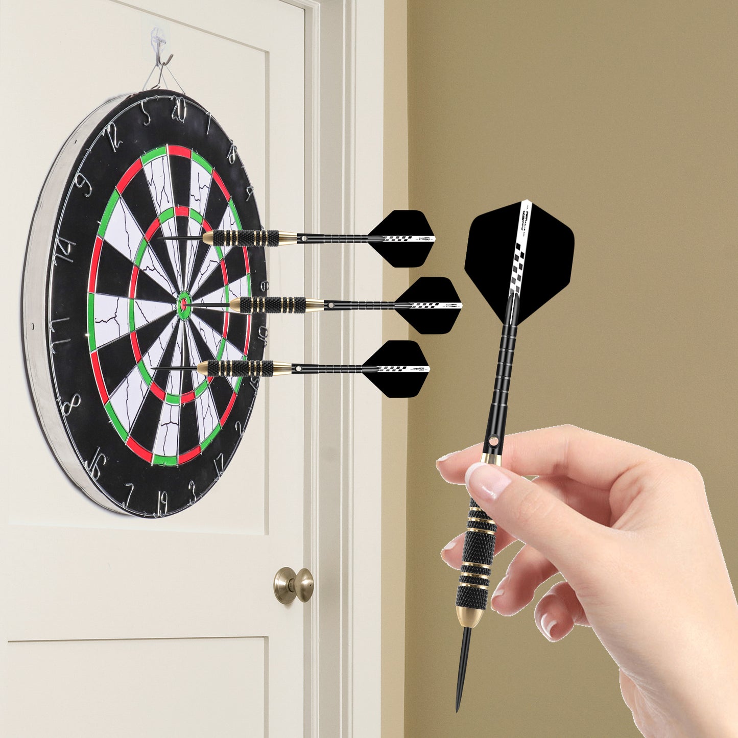 ZF05F 24g Brass Steel Tip Darts Set of 3 with Sharpener, 3 Aluminum + 3 PC Shafts, 6 PTE Flights