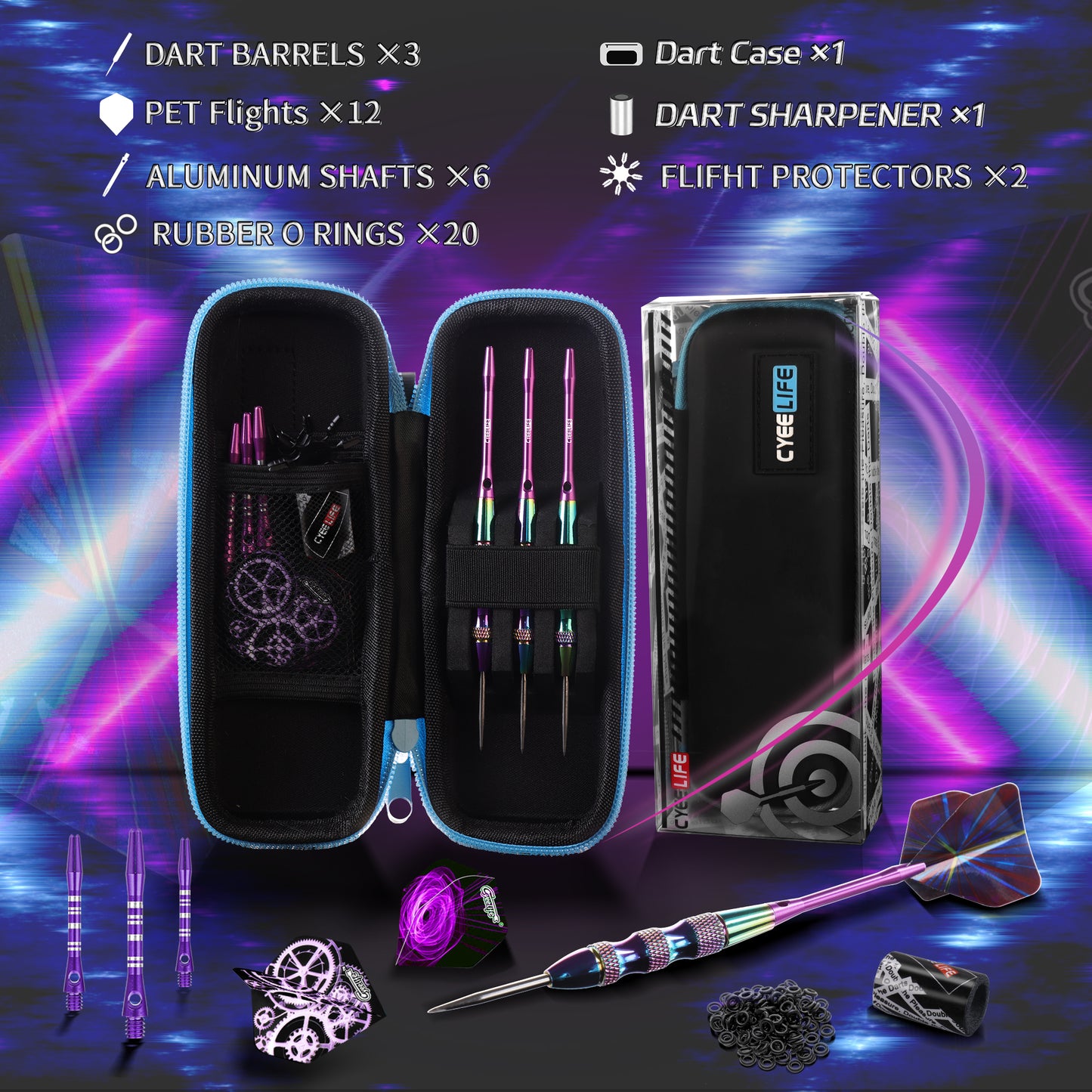 ZF12 24.4g Brass Darts Set – Professional 3-Piece Dart Kit with 12 PTE Flights, 6 Aluminum Shafts, Tip Care Stone, Rubber Rings, Flight Protectors & PU Carrying Bag, 165mm