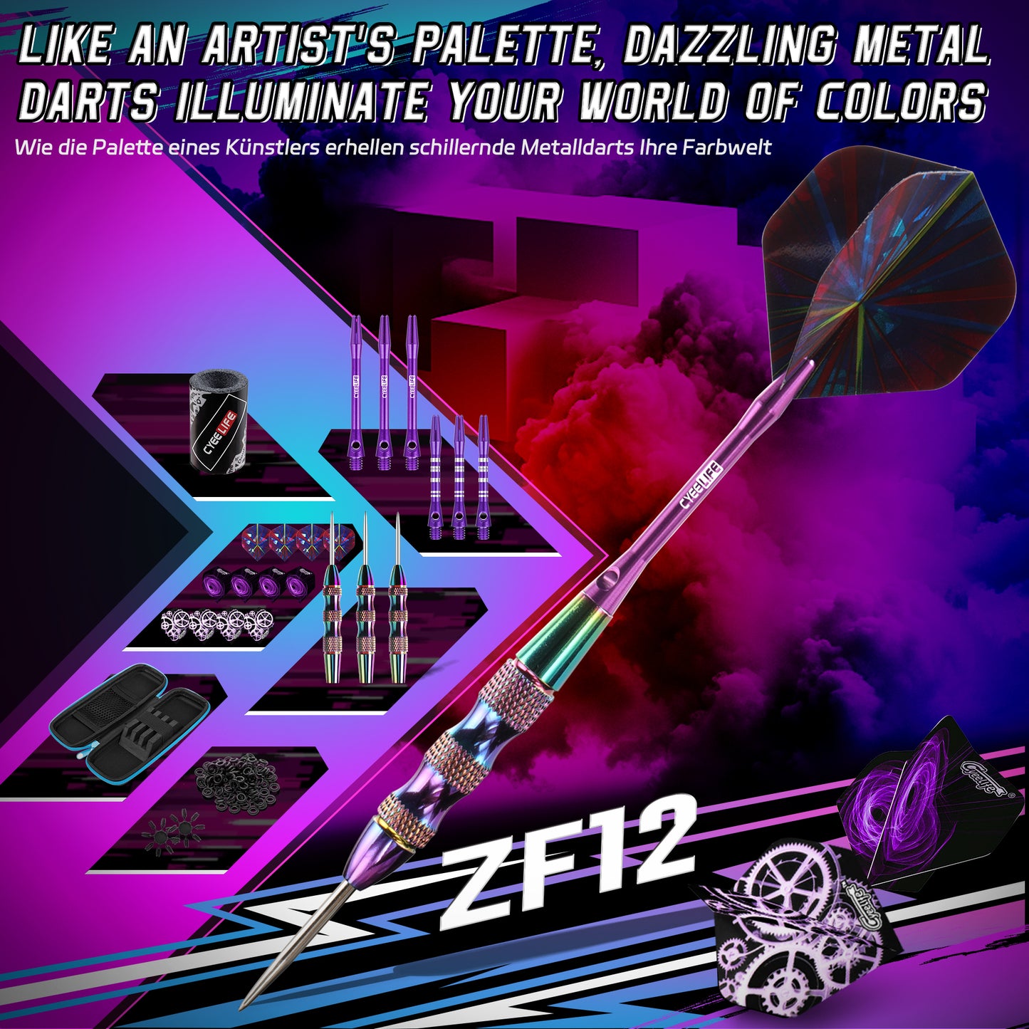 ZF12 24.4g Brass Darts Set – Professional 3-Piece Dart Kit with 12 PTE Flights, 6 Aluminum Shafts, Tip Care Stone, Rubber Rings, Flight Protectors & PU Carrying Bag, 165mm