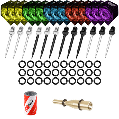 12 Steel Dart Tips+15 Flights+100 Rubber O Rings+Tool+Sharpener,Darts Accessories Kit