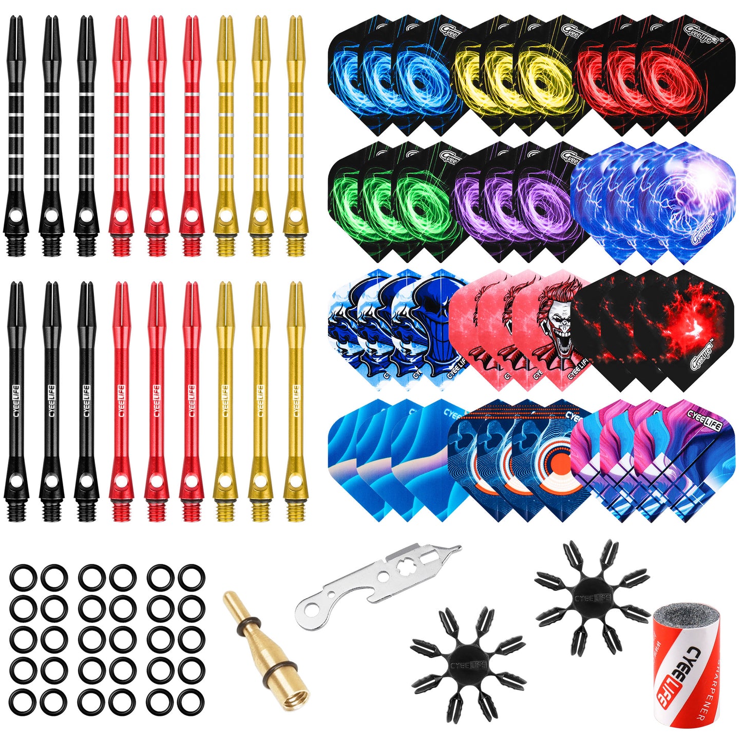 Dart Accessories kit,36 Dart Flights+18 Aluminum Shafts+Sharpener+Dart Tool+100 Rubber Rings+9 Flight Protectors