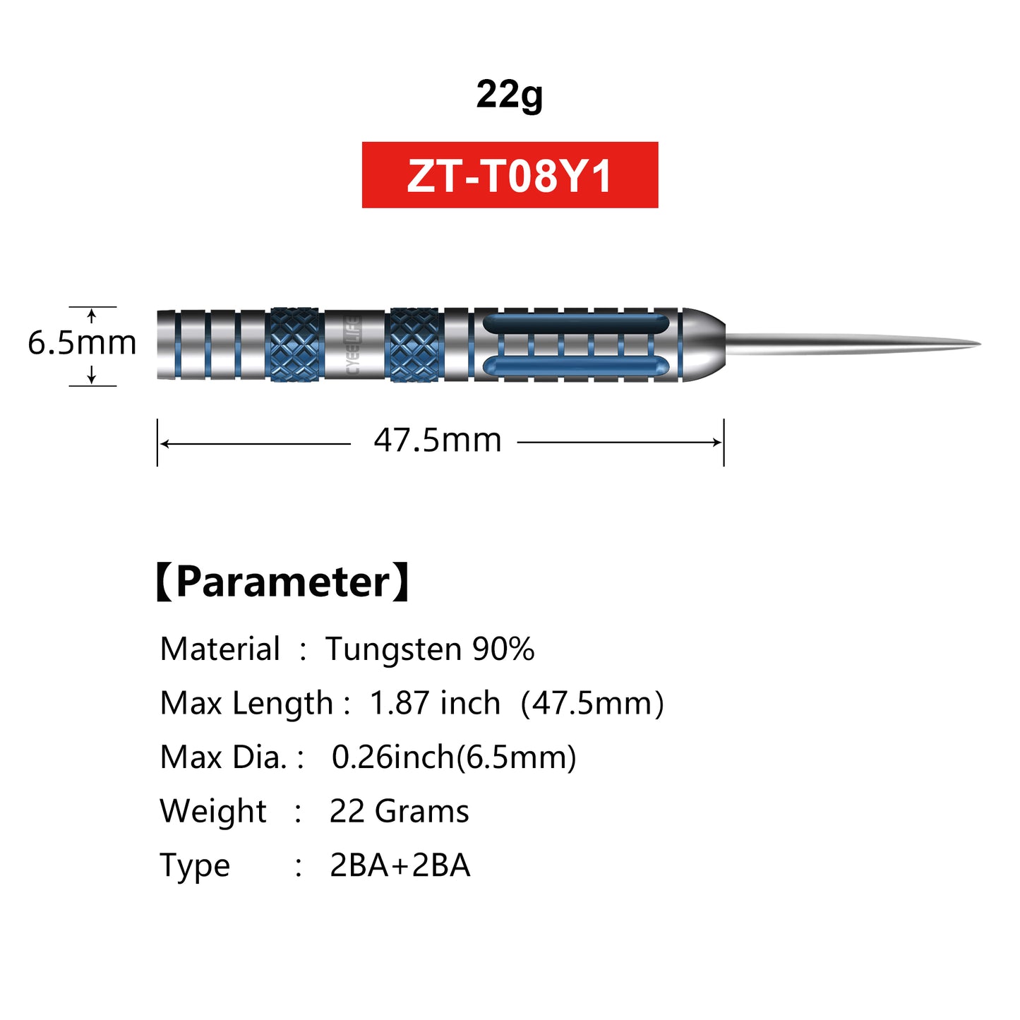 ZH08 CyeeLife 22g 90% Tungsten Steel Tip Darts Barrels 3pcs,ZT-T08